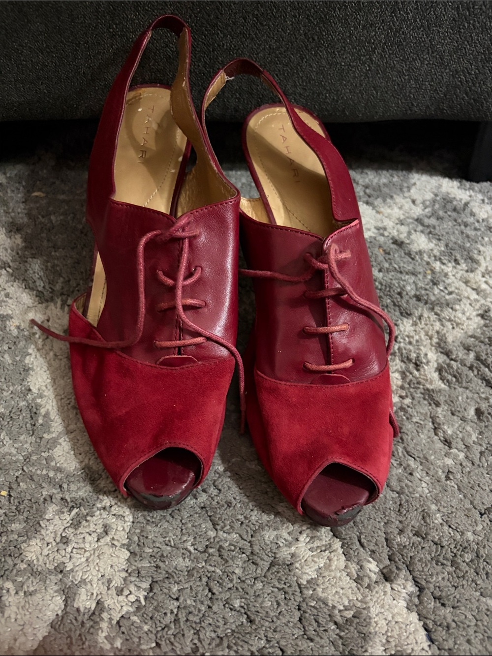 Tahari Red Burgundy Peep-Toe Lace-Up Slingback Heels